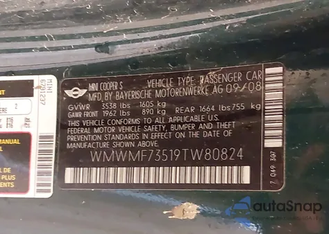 2009 Mini Cooper S z USA, uszkodzony, nr VIN WMWMF73519TW80824